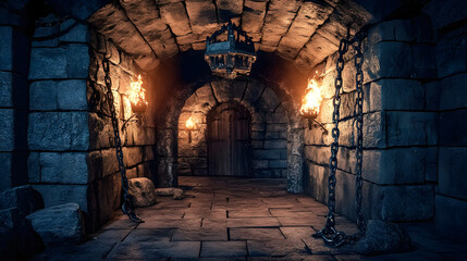 Dimly lit medieval dungeon room with eerie atmosphere, stone walls, ceiling, and floor, illuminated by flickering fire torches. Chains hang ominously from the walls in this haunted fantasy castle