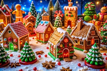 Naklejka premium Colorful Christmas Gingerbread Town with Festive Houses and Copy Space for Creative Uses