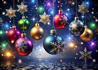 Colorful Christmas Ornaments and Snowflakes in a Festive Winter Design Against a Dark Background