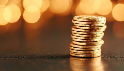 Stack of gold coins on a reflective surface with a blurred bokeh background.