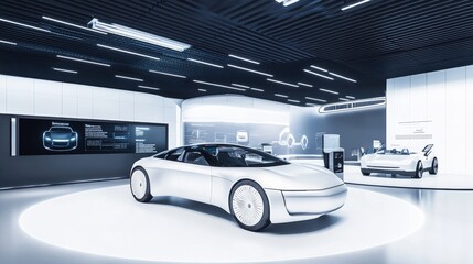 A futuristic autonomous vehicle showroom featuring sleek electric cars and interactive displays, Minimalistic style, photo of