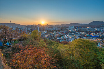 Seoul South Korea sunset city skyline view from Naksan Park in autumn