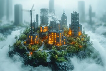 A miniaturized urban landscape surrounded by fog with illuminated buildings and construction