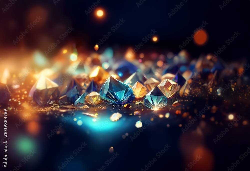 Poster a cluster of shimmering blue and gold gems rests upon a dark surface with a hazy background of warm,