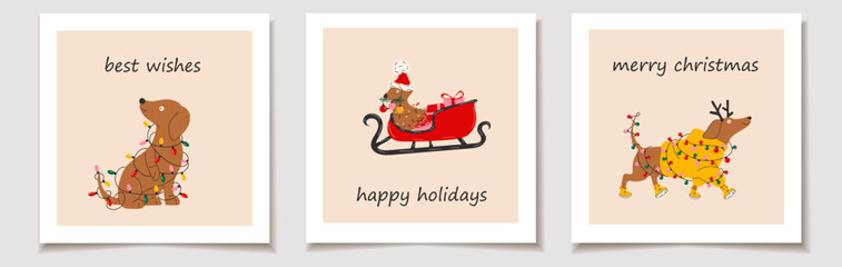 Set of Holiday cards with dachshund dogs with christmas decorations. Greeting cards.