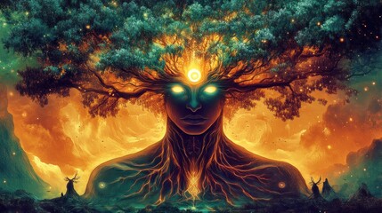 Third eye glowing with spiritual roots and branches, AI generated