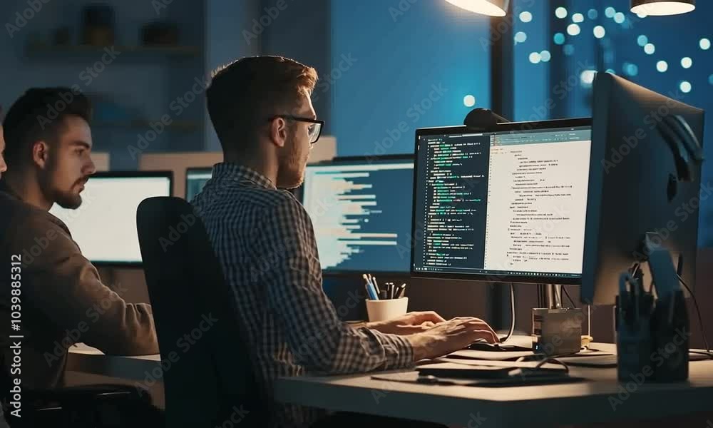 Wall mural two programmers working late at night, writing code on their computers.