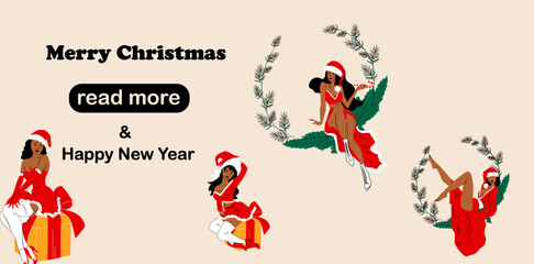 Web page design template. Girls is dressed in a sexy Christmas dress. Cute ladies. Pin-up, retro style. Vector illustration for poster, banner, website development.
