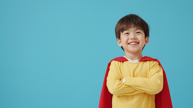 Asian boy on superhero costume 