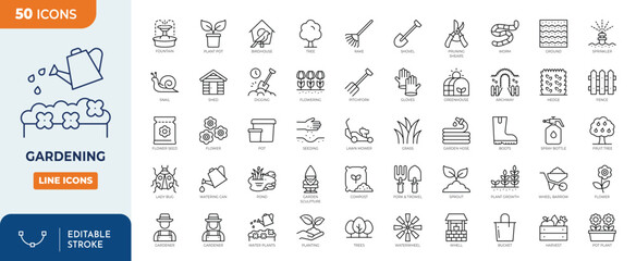 Gardening line editable icon set. Outline Icon Collection. Vector illustration. Editable stroke	