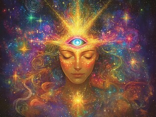 Woman with glowing third eye and ethereal colors, AI generated
