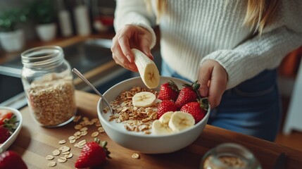 Woman preparing healthy breakfast with oatmeal and fruits