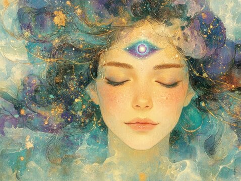 Woman with glowing third eye and ethereal colors, AI generated