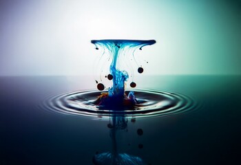 A blue ink drop creates a mushroom cloud effect in a clear liquid.