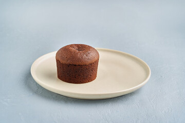 Tasty chocolate fondant or lava cake dessert in a plate, on a light blue background. Copy space,...
