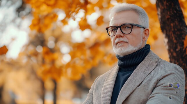 middle age man walking at nature park autumn season