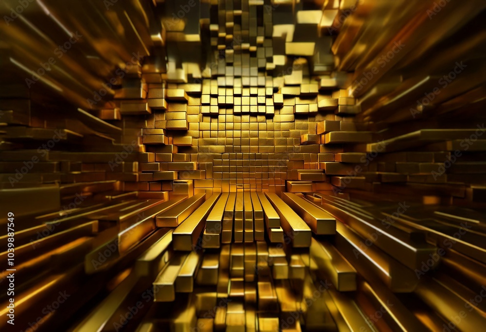 Poster A 3D rendering of gold bars arranged in a textured pattern, forming an abstract shape.