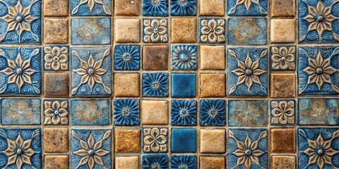 A meticulously crafted tiled pattern featuring embossed floral motifs in shades of blue and brown, showcasing the artistry of traditional tilework.