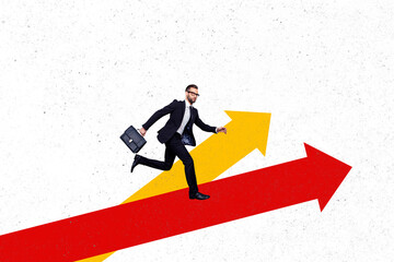 Composite trend artwork sketch image photo collage of young man office manager run huge arrow show...