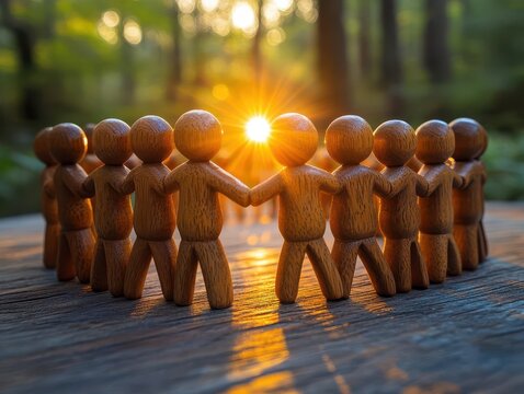 wooden figures holding hands in a circle on a rustic wooden table, backlit by a warm sunset, symbolizing teamwork and unity in a cozy, community-oriented setting