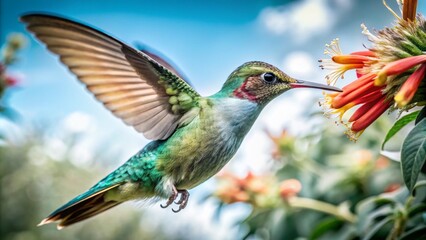 Fototapeta premium Colorful Hummingbird Hovering Near Vibrant Flower in Nature's Splendor