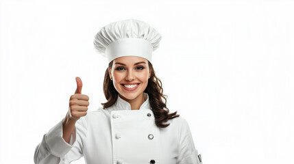 Confident female chef with thumb up sign on white background 