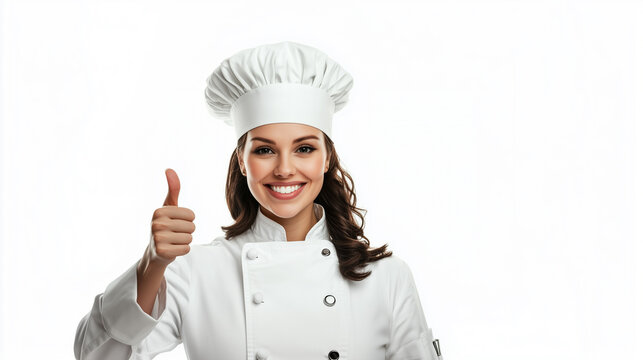Confident female chef with thumb up sign on white background 