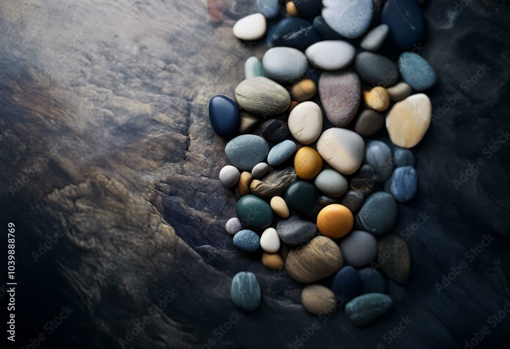 Poster Smooth river rocks of various colors and textures are arranged on a dark gray background.