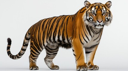 Obraz premium A majestic tiger stands against a white background, showcasing its powerful physique and striking orange and black stripes.