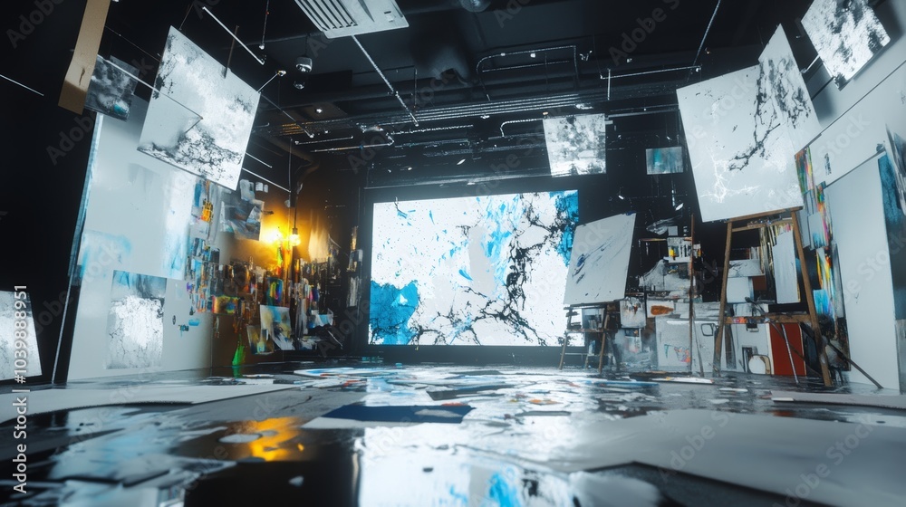 Poster a futuristic digital art studio with virtual reality painting tools and interactive digital canvases