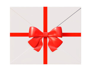 3d white envelope with red bow with ribbon. Stock vector illustration on isolated background.