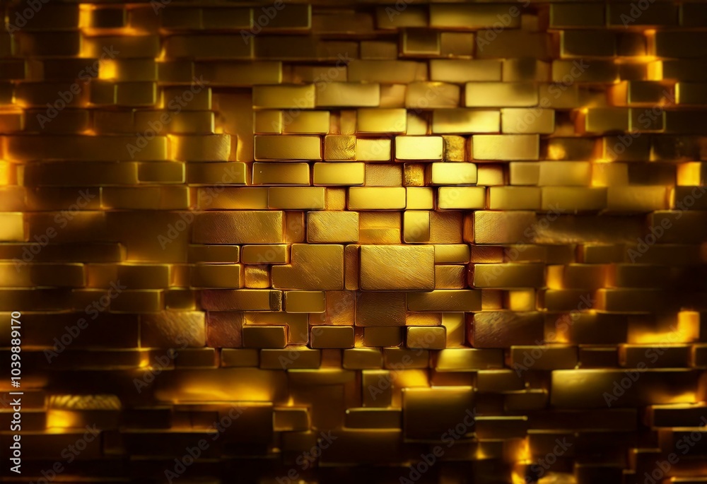 Poster a textured wall of shiny, golden rectangles arranged in a staggered pattern.