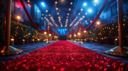 A glamorous red carpet event illuminated by dazzling lights and elegant decorations in an enchanting evening setting. Generative AI