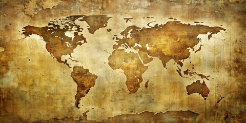 A world map etched onto parchment, its continents outlined in stark relief against a backdrop of faded ochre and sepia tones.