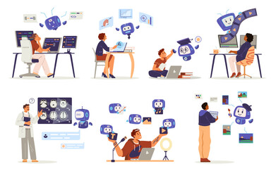 People interacting with artificial intelligence in different spheres concepts set. People using help of AI in programming, business analytics, education, motion design, medicine