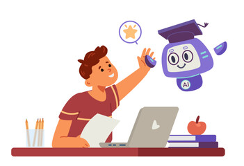 Artificial intelligence in school education concept flat vector illustration isolated on white. School boy giving high five to Ai robot. Kid interacting with Ai robot while studying.