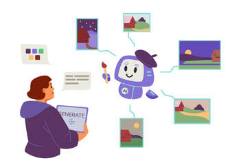 Digital artist using artificial intelligence for images generation concept flat vector illustration isolated on white. Woman holding graphic tablet interacting with AI robot by prompts and color palet