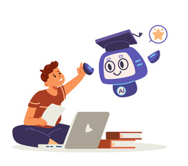 Artificial intelligence in school education concept flat vector illustration isolated on white. School boy giving high five to Ai robot. Kid interacting with Ai robot while studying.