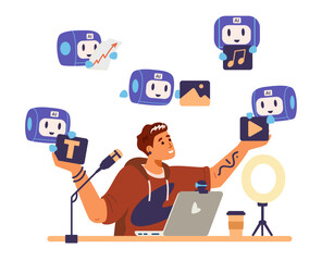 Blogger interacting with artificial intelligence for blog content generation, analytics and promotion flat vector concept illustration isolated on white. Mini robots bringing generated content text, m