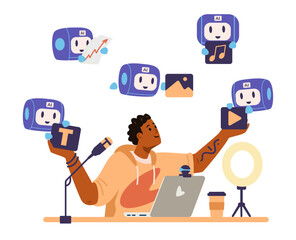 African American blogger interacting with artificial intelligence for blog content generation, analytics and promotion flat vector concept illustration isolated on white. Mini robots bringing generate