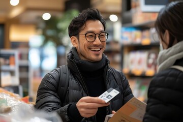 A friendly man is using his credit card to make a purchase in a grocery store, showcasing consumerism and the modern shopping experience in a casual setting.