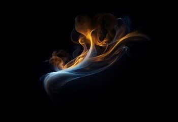 Abstract swirling smoke in shades of blue and orange against a black background.