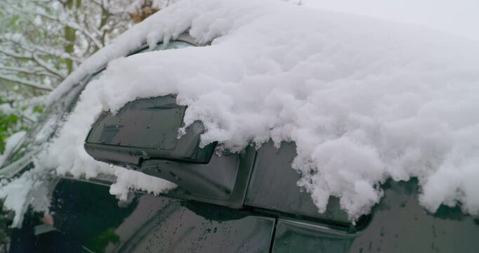 Winter Driving - Removing snow from a snow-covered car - Slow-mo