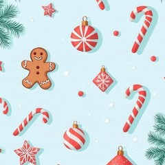 Festive Christmas Seamless Pattern with Gingerbread, Candy Canes, and Ornaments