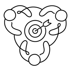Goal-Oriented Teamwork Icon – Three Persons in a Circle with a Target, Signifying Collaborative Effort to Achieve Shared Goals