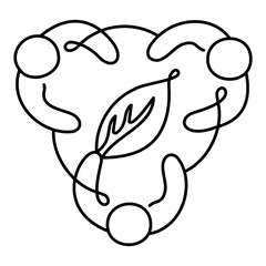 Eco-Friendly Collaboration Icon – Three Persons in a Circle with a Leaf, Signifying Team Effort Toward Sustainable and Green Initiatives