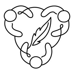 Writing Our Story Together Icon – Three Persons in a Circle Writing in a Book with Quills, Symbolizing Collaborative Storytelling and Creation