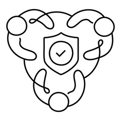 Secure Collaboration Icon – Three Persons in a Circle with a Shield, Representing Team Efforts to Ensure Security and Trust