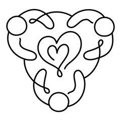 Compassionate Collaboration Icon – Three Persons in a Circle Holding a Heart, Signifying Unity Through Empathy and Kindness