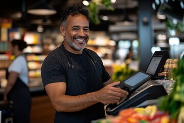 A smiling cashier stands confidently at a cash register handling customer transactions amid the bustling atmosphere of a grocery store filled with products.
